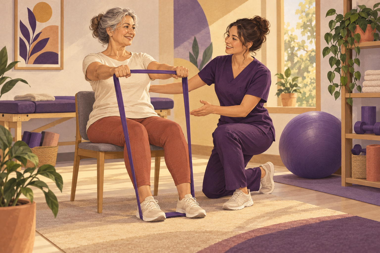 Ilustração de uma fisioterapeuta acompanhando um exercício com faixa elástica